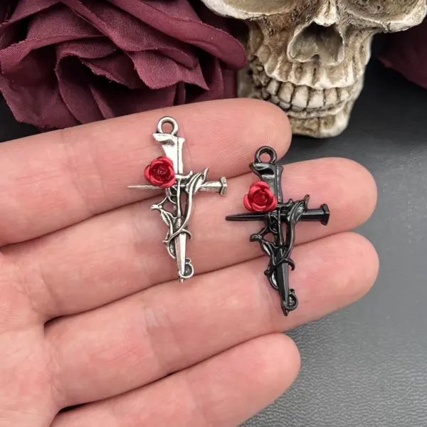 10 Zinc Alloy Thorn Rose Cross Charms