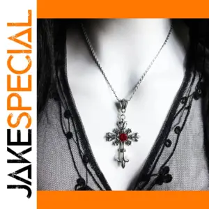 Gothic Sword Cross Necklace with Red Gemstone