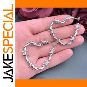 Large Silver Barbed Wire Heart Hoop Earrings