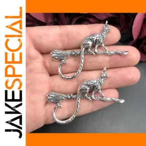 Silver Cat on Broomstick Charms Set of 2