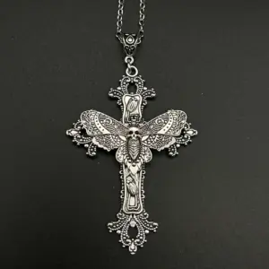 Victorian Gothic Moth Cross Pendant Necklace